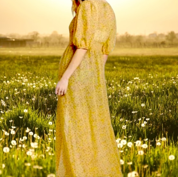 #R Womens Floral Button Front Duster Kimono Prairie Dress Large Yellow & Tan - Picture 4 of 6